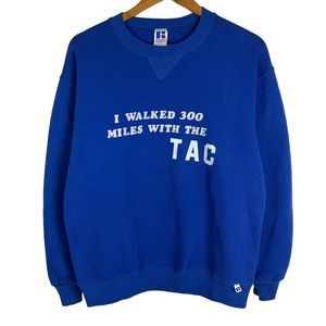 VTG 90s Russell Athletic Blue Walked 300 Miles Sweater Crewneck Sz L USA Made